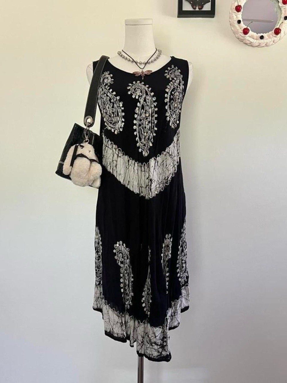 Vintage Black Midi Dress with White Paisley Embroidery